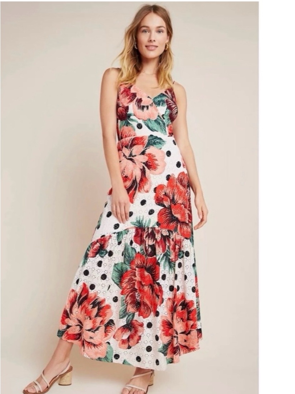 FARM Rio White Maxi Dress with Coral Florals, Green Leaves & Black Polka Dots